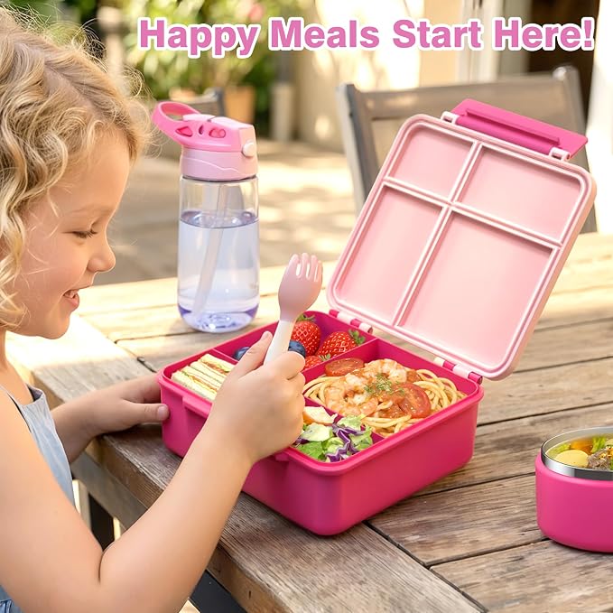 HOMEKOL Bento Lunch Box Set for Kids, Pink | with Stainless Steel Insulated Food Jar, Plastic Water Bottle, Bag and Silicone Spoon and Fork for Boys Girls