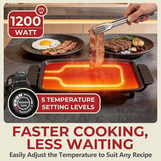 AshGlen Small Electric Griddle Nonstick, Griddle Pan Electric, Parrilla Eléctrica Para Cocinar, 12-Inch Ceramic Coating Pancake Griddle Electric, Indoor Griddle Grill Electric, PFOA Free, Graphite