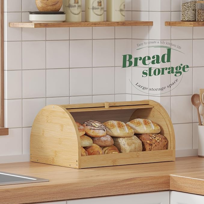 STDDRE Corner Bread Box for Kitchen Countertop Roll Top Bread Box Kitchen Food Storage Box for Homemade Bread Bread Holder for Kitchen Counter Pantry Shelf (Natural)