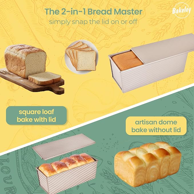 Commercial Pullman Loaf Pan with Lid, 2.2Lb Dough Capacity Non-Stick Rectangle Corrugated Bread Toast Mold with Cover for Baking Bread (Champagne Gold)