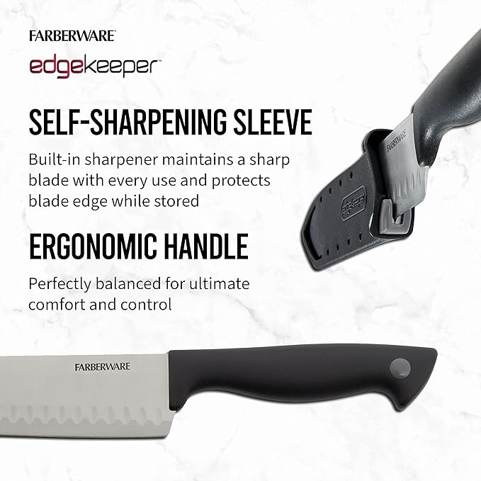 Farberware EdgeKeeper 5 Inch Santoku Knife with Self-Sharpening Blade Cover, High-Carbon Stainless Steel Blade with Oval Indentations, Ergonomic Handle