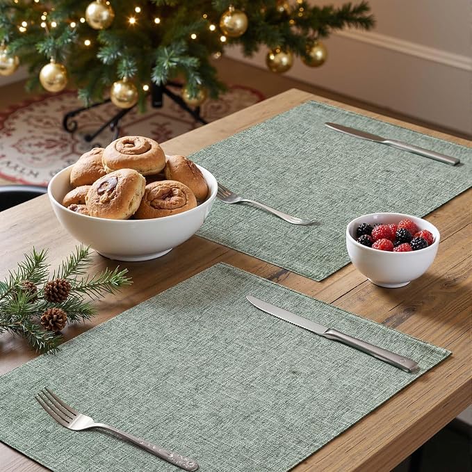 JINCHAN Linen Textured Placemats Set of 4 Farmhouse 13x19 Heathered Green | Fabric Placemats, Cottage Style, Double-Layer One-Piece Design, Reversible Solid Color, Machine Washable, Reusable