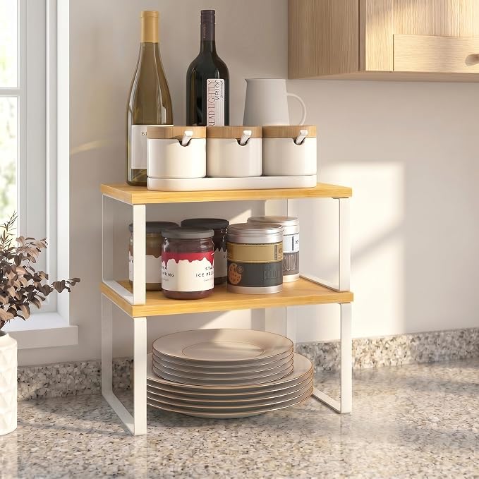 Kitchen Cabinet Organizer Shelf, Set of 4 Wood Kitchen Counter Shelves Riser with Metal Legs, Stackable Expandable Kitchen Storage Spice Rack, Can Cup Dish Organizer, Bamboo