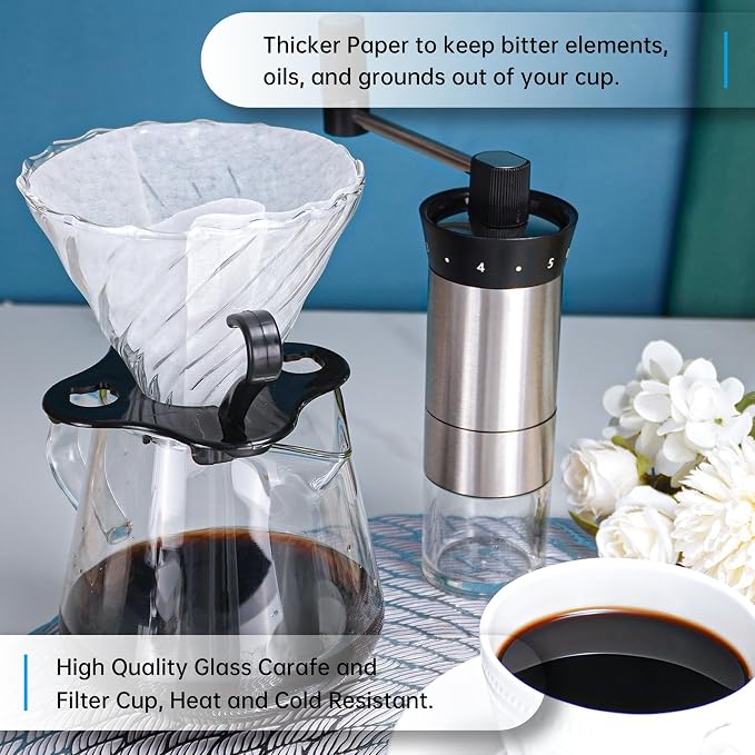 Pour Over Coffee Maker Set Includes Coffee Scale & Manual Coffee Grinder | Complete Pour Over Drip Coffee Set, Glass Coffee Carafe and V60 Drip Coffee Filter, Ideal Coffee Set for Birthday Gift