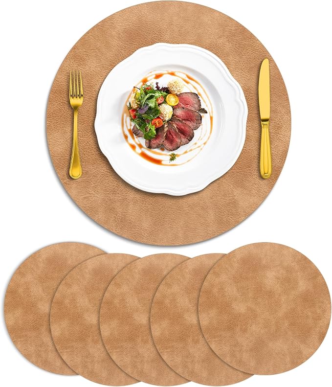 ADRIMER Placemats, Heat Resistant Round Placemats Set of 6 Washable, Waterproof Table Mats, Wipeable Faux Leather Place Mats for Kitchen, Dining Room, Camel