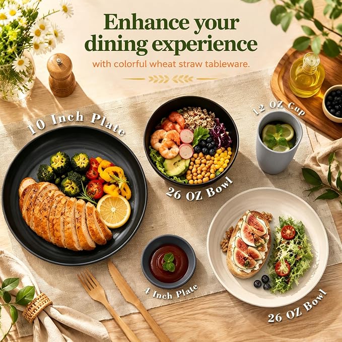 Kitchen Plates and Bowls Sets 40PCS,Wheat Straw Dinnerware Sets for 8 | Unbreakable Plates Bowls and Cups Set, Side Dishes, Microwave & Dishwasher Safe Dishware Sets, RV dishes Set, Black & Gray
