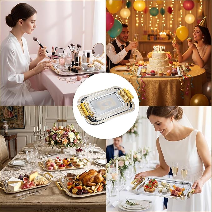 3 Pack Metal Serving Trays with Handles, Decorative Floral Platter Trays for Coffee Tea, Food, Dessert, Jewelry, for Buffet Wedding Party Kitchen Home Decor (Rectangle,Silver, Gold)