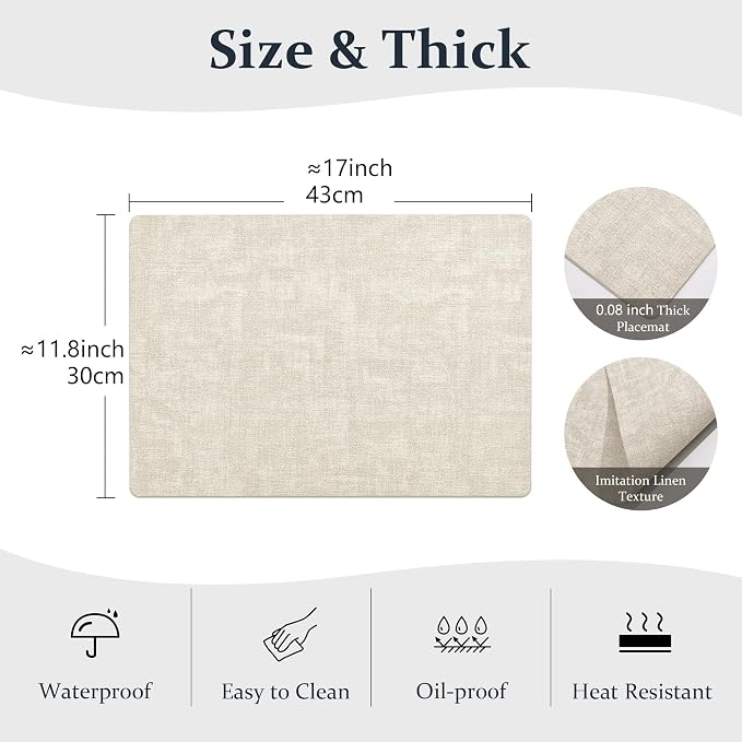 FROMHEART Faux Leather PU Placemats Set of 4 (Beige,11.8" x 17") | Waterproof,Heat/Oil Stain-Resistant Table Mat–Reversible,Non-Slip,Easy to Clean Place Mats for Kitchen,Dining,Indoor/Outdoor