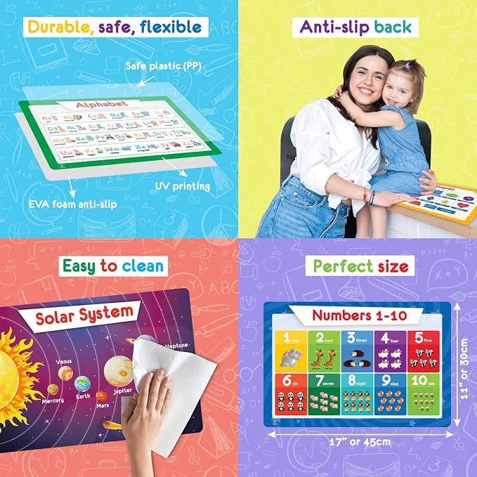 Simply Magic 5 Educational Placemats for Kids – Kids Placemats Non Slip | Washable Reusable Plastic Place Mats for Toddler, Alphabet ABC, Shapes, Colors, Numbers, Solar System Learning Place Mats