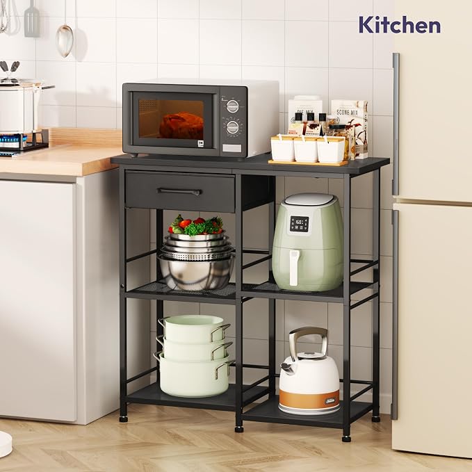 SWTYMIKI Bakers Rack with Storage - Coffee Bar Cabinet Organizer, Coffee Station for Kitchen Dining Room, Microwave Stand with Adjustable Feet, Black