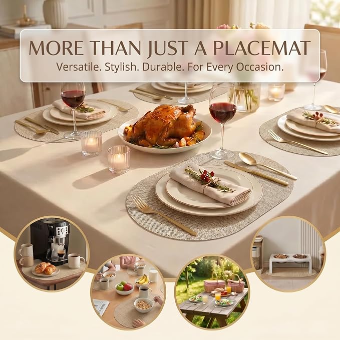 Faux Leather Placemats Set of 4, Wipeable Waterproof Stain Resistant Table Mats, Heat Resistant Thick Placemats with Hand-Painted Edges for Kitchen Dining, Imitative Linen Texture, Various Shapes