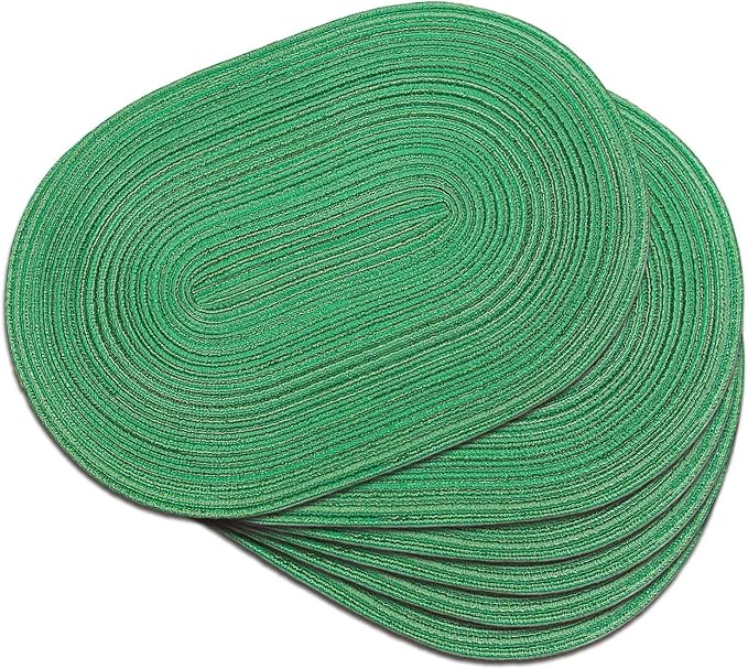 Placemats Set of 6, Woven Oval Braided Dining Table Mats(Green Shine) | 12 x 17.5 Inch Size Fits Plates and Flatware; Hand Washable and Heat Resistant for Kitchen Use, with Farmhouse and Boho Style