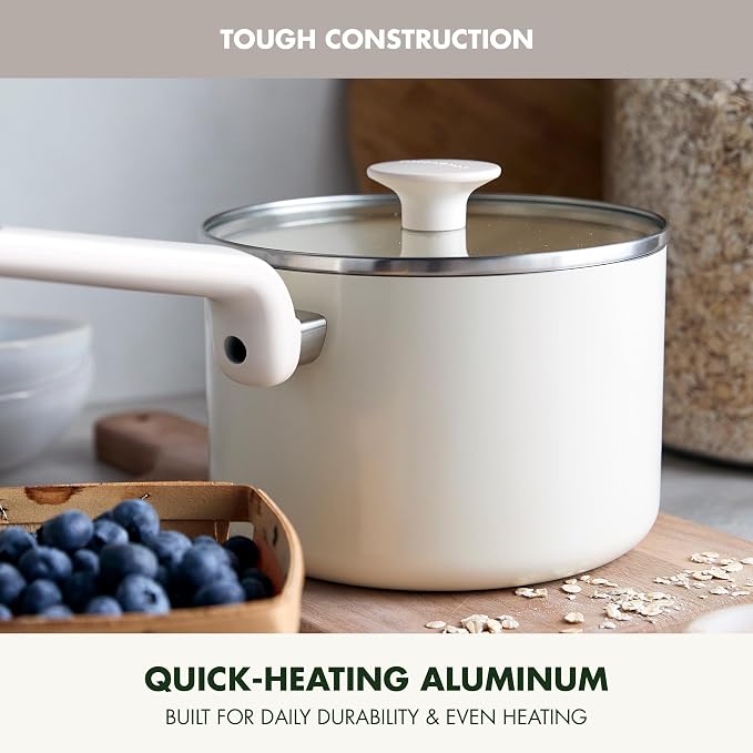 GreenPan Rio Advanced 2QT Saucepan with Lid, Ceramic Nonstick PFAS-Free Pans, Induction Ready, Dishwasher and Oven Safe, Cream White