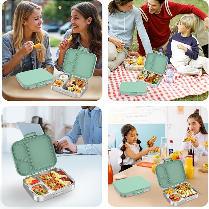Pawtong Stainless Steel Bento Lunch Box for Kids | 3-Compartment Lunch Box Container Kids | 100% Leakproof, Eco-Friendly, Perfect Portion Control for Kids&Adult Healthy Meals (Green)