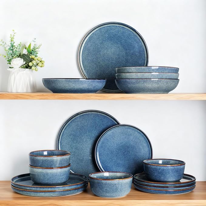 AmorArc Stoneware Dinnerware Sets for 6, 18Pcs Plates and Bowls Sets Dishes | Ceramic Round Reactive Glaze Dishes Set, Highly Scratch Resistant | Dishwasher & Microwave Safe Dishware
