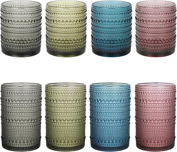 ZMOWIPDL 12oz & 15oz Hobnail Drinking Glasses,Colored Glass Cups Set of 8 | Vintage Highball Glassware，Kitchen Drinkware，Embossed Water Tumbler,for Beer,Cocktail,Whiskey,Juice,Various Mixed Drinks