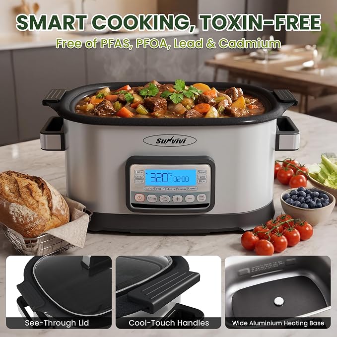 Sunvivi 12-in-1 Programmable Slow Cooker 6.5QT with Timer & Keep Warm | Multicooker with Timer & Temp Control, Dishwasher Safe Lid & Removable Nonstick Crock and Rack, Stainless Steel