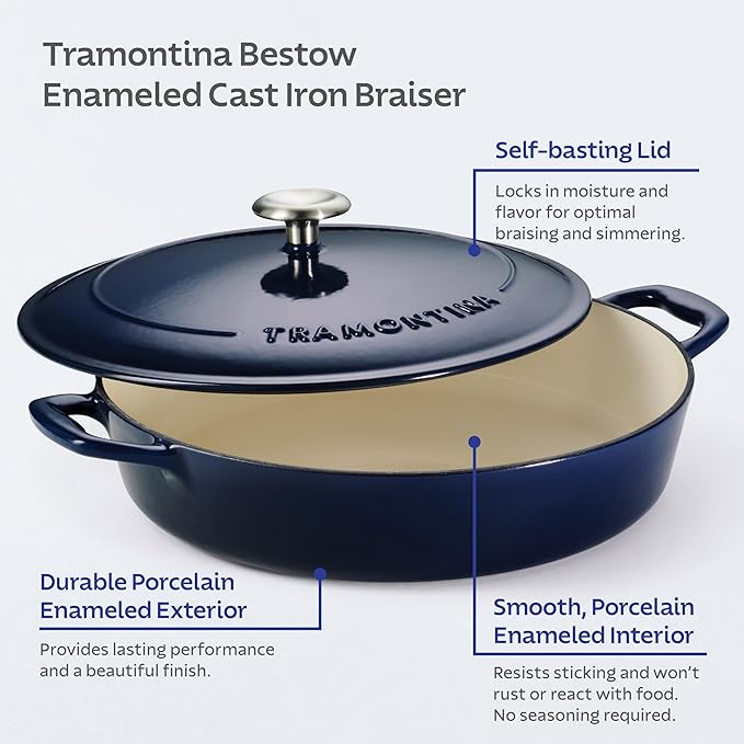 Tramontina Bestow Enameled Cast Iron 4-Qt Braiser Pan with Lid, Blue | Oven-to-Table Casserole Dish, Great for Shallow Braises & Simmers