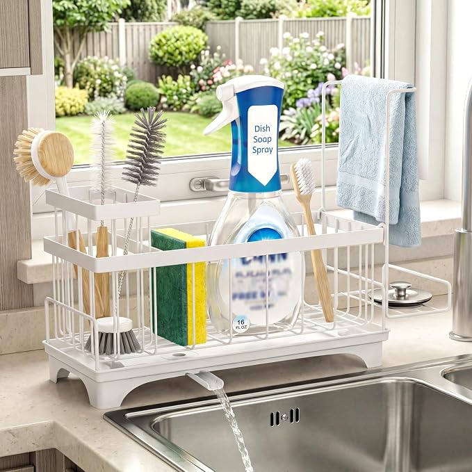 VOOWO Sponge Holder for Kitchen Sink, Compact Sink Caddy with Brush Holder | 304 Rustproof Stainless Steel Dish Soap Holder, Small Kitchen Sink Organizer, Self-Draining Dish Wand Holder with Towel Rack