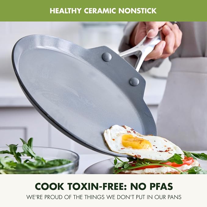 GreenPan Valencia Pro 9.5" Ceramic Nonstick Crepe Pan, Hard Anodized | PFAS-Free Nonstick, Induction Ready, Compatible with all Stovetops, Hard Anodized, Gray, Dishwasher Safe, Oven Safe to 600F