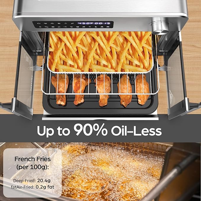OSTBA French Door Air Fryer Toaster Oven Combo, 24QT 10-in-1 Oven | 1700W Heating, Adjustable Fan Speed, Rotisserie Function, 102-Recipe Book, Removable Crumb Tray, Stainless Steel Finish