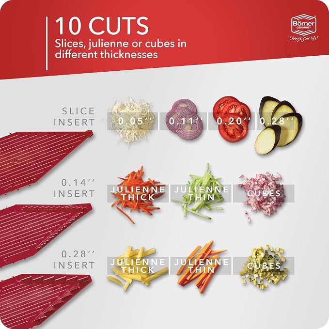 Mandoline Food Slicer Börner V5 (Starter Set) by Reston Lloyd • V-Slicer with Food Holder • Made in Germany • Fruit & Vegetable Chopper • Multiple Settings • Color: Red