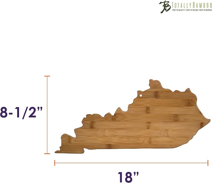 Totally Bamboo Kentucky State Shaped Bamboo Serving and Cutting Board | State charcuterie board with natural bamboo grain. Knife-friendly surface for food prep. Hang tie for wall display.