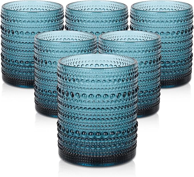ZMOWIPDL Drinking Glasses Set of 6,12oz Blue Hobnail Glass Cups | Vintage Glassware，Embossed Water Tumbler,for Beer,Cocktail,Whiskey,Juice and Various Mixed Drinks- 1 Cleaning Brus