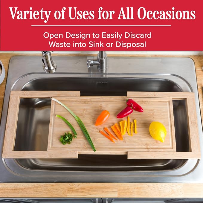 Classic Cuisine Over the Sink Cutting Board with Juice Groove, 33.5” x 11” | Expandable Bamboo Wood Chopping Board with Slip-Resistant Grips, Kitchen Essentials for Cutting, Chopping, and Slicing