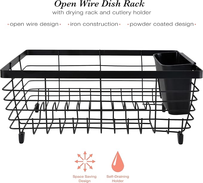 Kitchen Details Flat Wire Countertop or Over The Sink Dish Drying Rack with Cutlery Basket | Holds up 10 Dishes | Mugs | Kitchen Accessories | Black