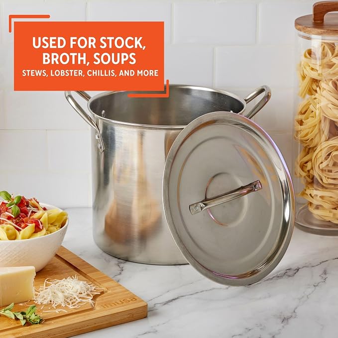 IMUSA USA Stainless Steel Stock Pot 20-Quart, Silver | Mirror-Polished Finish, Durable Handles with Lid, Compatible with Glass and Electric Stoves, Ideal for Soups and Seafood