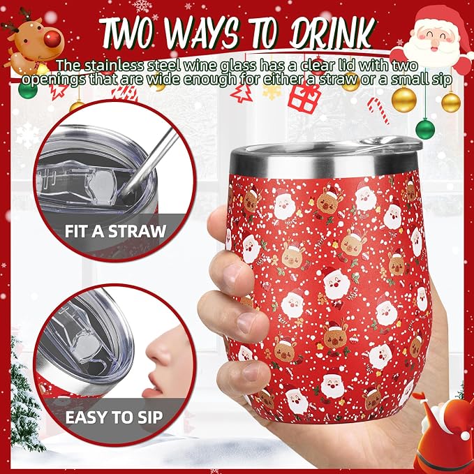 Christmas Wine Tumbler 12 oz Stainless Steel Wine Tumble Insulated Wine Tumbler with Lid Christmas Wine Glass Gifts with Straw and Brushes for Women Men Xmas Wedding Party (Red)