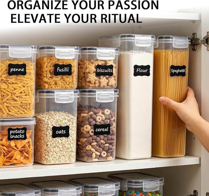 24 PCS Airtight Food Storage Containers with Lids, Plastic Kitchen and Organization Canisters for Cereal, Dry Food, Flour and Sugar, BPA-Free, PVC-Free, Includes 24 Black Labels & Marker