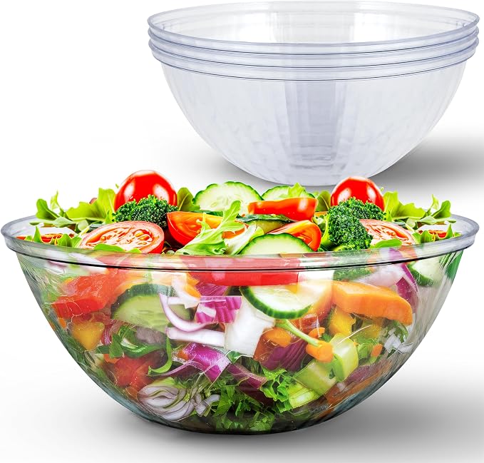 150 oz Clear Plastic Serving Bowls (4 Pack) Disposable Candy Dishes, Buffet Containers for Chips, Popcorn Snacks, Mints, Salad Bar, Punch, Snack Bowl Parties, Office Desk, Bridal Shower Party Supplies