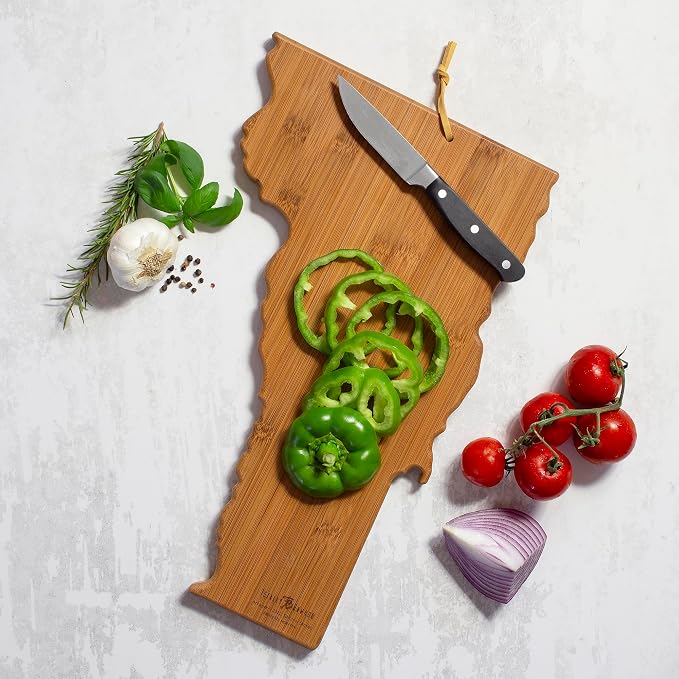 Totally Bamboo Vermont State Shaped Cutting Board, Summer Stokes Art | State charcuterie board with colorful hand-drawn landscape art. Smooth reverse side for food prep. Hang tie for wall display.