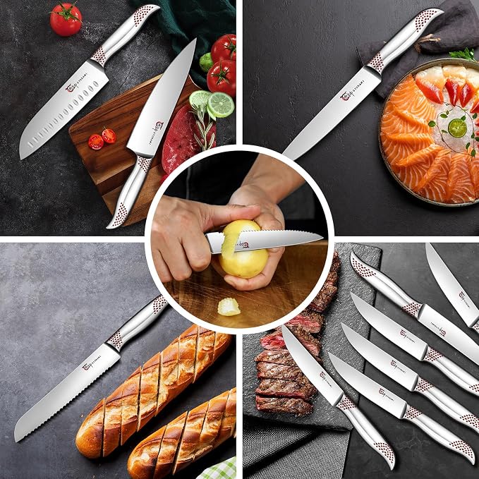 Japanese Knives Set for Kitchen, Magnetic Knife Set with Block and Sharpener, Stainless Steel Knife Set as Gift for Couple, Wedding, Women or Mom with Gift Box, 14 PCS Red Dot