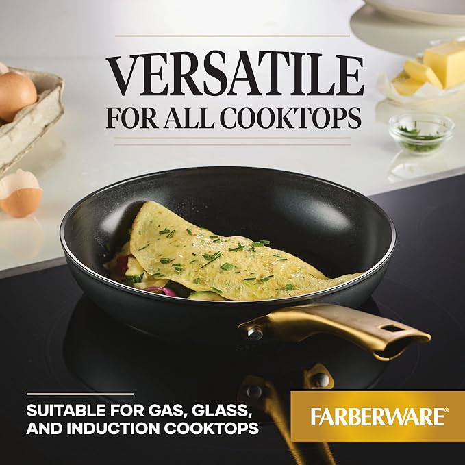 Farberware Forged Induction Ceramic Cookware Nonstick Frying Pan/Skillet, Dishwasher Safe, Suitable for All Stovetops, 10 Inch Fry Pan - Black and Gold