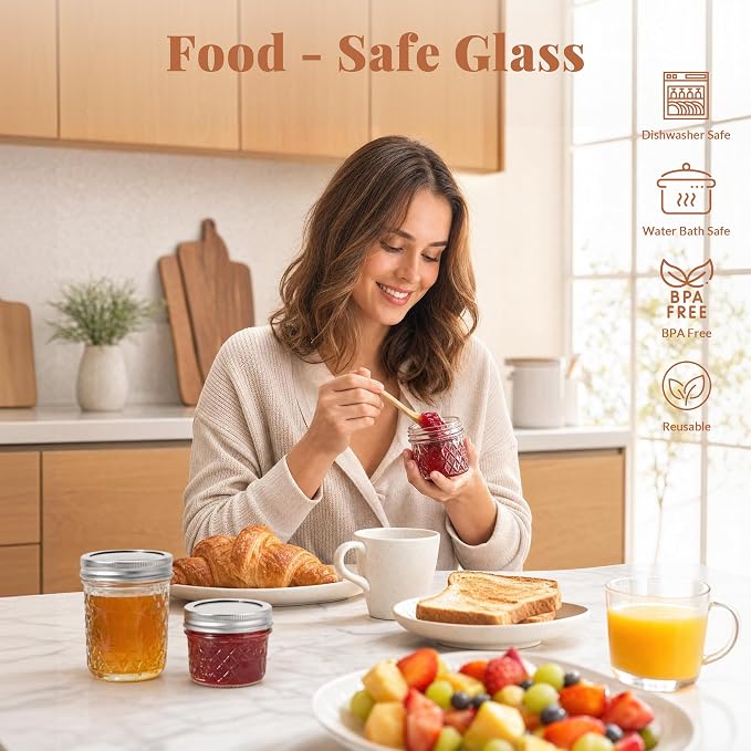 CycleMore Mason Jars 4 oz, 12 Pack Diamond Mini Glass Jars with Printed Silver Split Lids, Small Canning Jars for Caviar, Jam, Honey, Jelly, Wedding Favors and Gifts