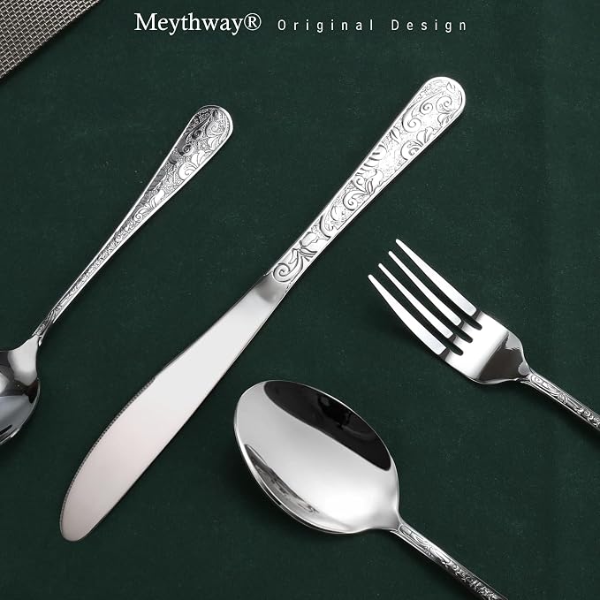 Meythway 40-Piece Vintage Carved Silverware Set for 8, Stainless Steel Flatware Set with Knife/Fork/Spoon, Cutlery Set for Home and Kitchen, Utensil Set with Dishwasher Safe