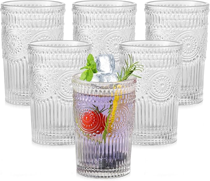 ZMOWIPDL Drinking Glasses Set of 6,13oz Flower Design Clear Glass Cups | Vintage Glassware,Textured Tumblers,Embossed Striped Drinkware for Water,Cocktails,Juice,Iced Coffee
