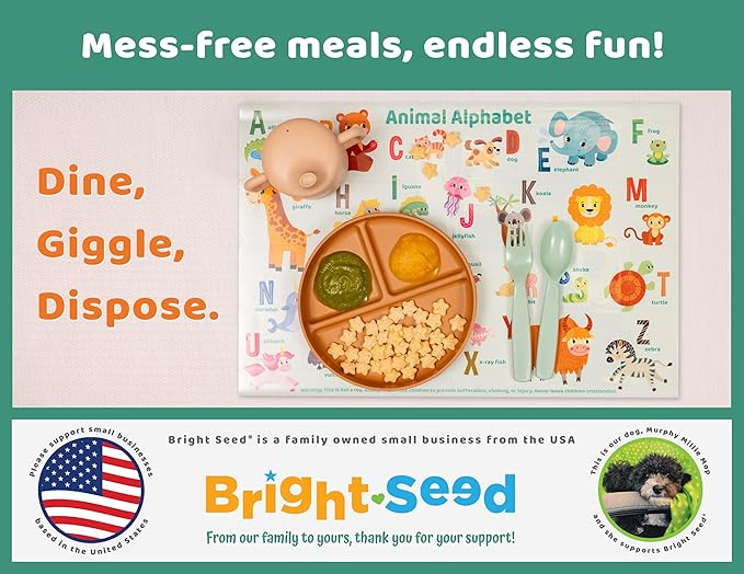 Bright Seed Disposable Placemats for Baby & Toddlers, Learning Mat- Animal1 | 40 Disposable Placemats, ABC, Numbers & Animal Learning, Perfect for Restaurants & Travel, Helps Keep Tables Clean