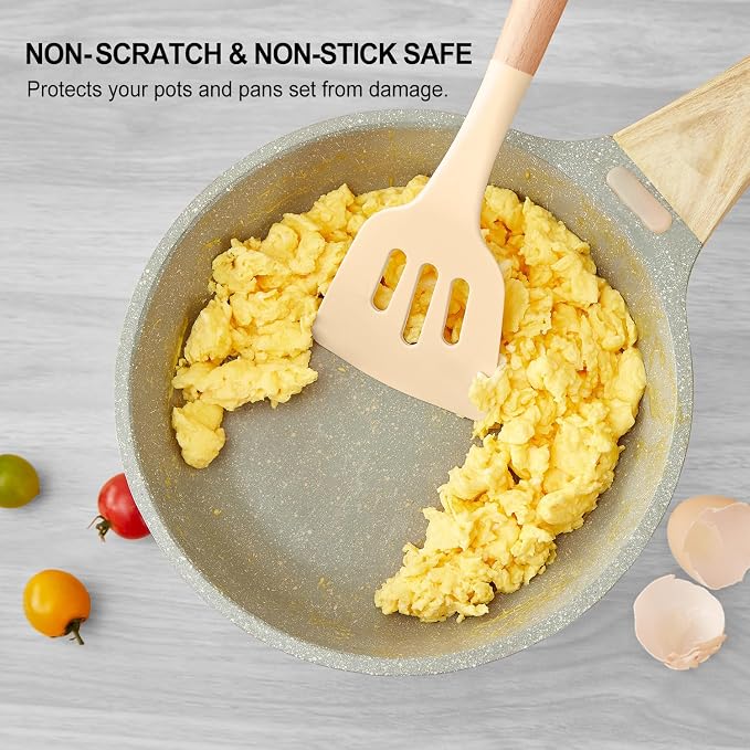 Kitchen Utensils Set - 34 PCS Non-Stick Silicone Cooking Utensils Set Spatula Set with Holder, Wooden Handle Spoon,Brush,Whisk Kitchen Gadgets Tools Set for Nonstick Cookware (Khaki-34P)