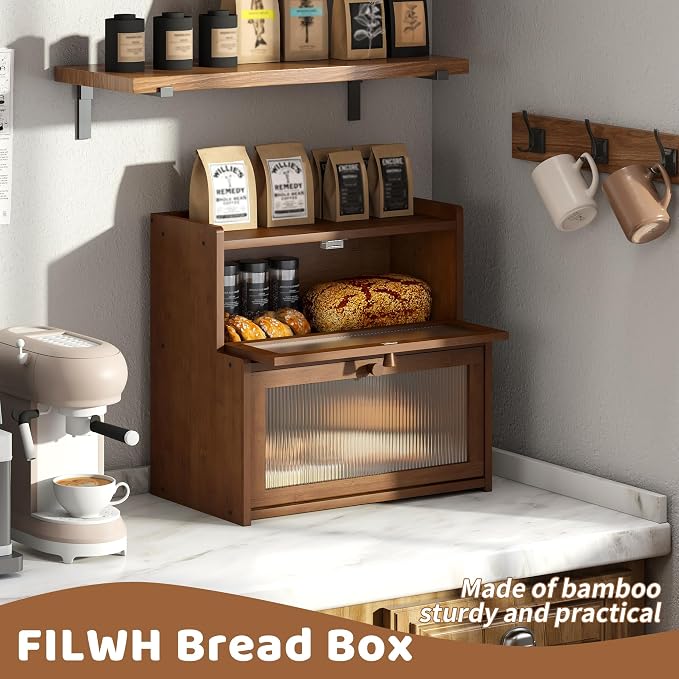 Bread Box for Kitchen Countertop Double Layer Large Corner Bread Box Capacity Bread Storage Bin Farmhouse Breadbox Container Organizer Cabinet Cupboard (Brown)