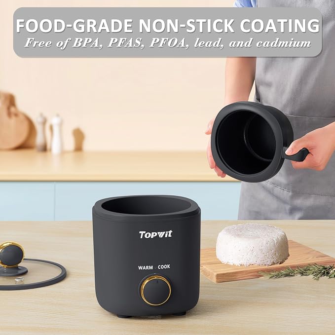 TOPWIT Rice Cooker Small 2-Cup Uncooked, Mini Rice Cooker, Removable Pot | 1.2L, Nonstick Pot, BPA-free, One-touch Operation, Auto Keep Warm, Ideal for Dorm, Office & Travel, Compact & Portable, Grey