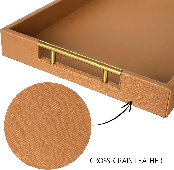 HofferRuffer Faux Leather Serving Tray with Gold Metal Handles, Stylish Decorative Tray Organizer for Coffee Table, Ottoman, Home Decor and Serving (Camel, 16.2" x 12.2" x 2")