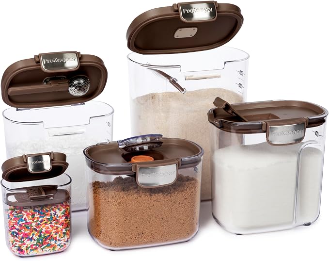 ProKeeper+ Airtight Food Storage Container Set – Clear Plastic Flour and Sugar Canister Set with Magnetic Accessories for Kitchen Organization (Brown, 9-Piece)