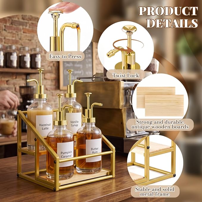 Coffee Bar Accessories, 4 Pack 16.9oz/500ml Coffee Syrup Dispenser with 1/4oz Pump, 2-tier Syrup Rack Organizer, Labels, Straw Brushes, Funnels for Kitchen Countertop, Wine, Dressing Storage