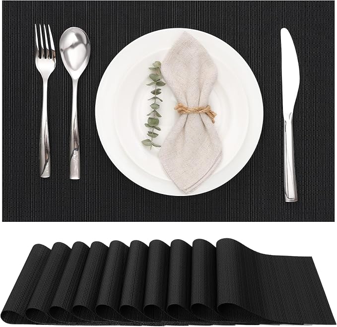 Myir JUN Placemats Set of 10 Kitchen and Dining Table Placemats | Vinyl Placemats Place Mats Indoor/Outdoor Set of 10 Washable Table Mats Non-Slip Place mats for Dining Table, Black