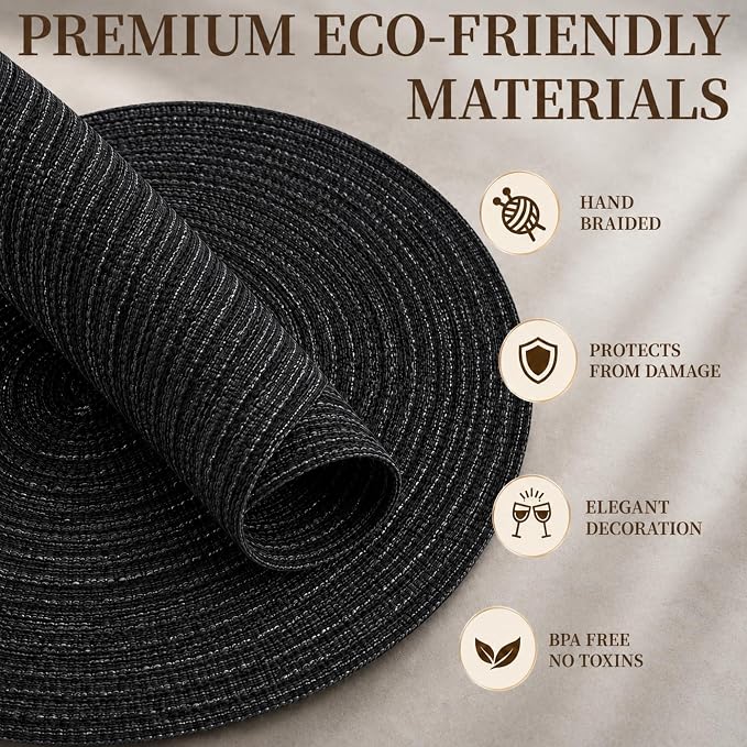 TaroKitc 15 in Round Placemats Set of 6, Washable Woven Braided Dining Table Mats, Heat Resistant Non-Slip Circle Place Mats for Kitchen Home Party Table Decor, Indoor & Outdoor - Black