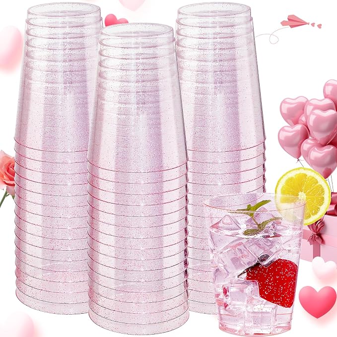 DaYammi 100 Pack 10oz Pink Plastic Cups, Premium Disposable Rose Gold Glitter Plastic Cups for Martini and Cocktail,Disposable Cup with Pink Glitter Perfect for Party Wedding Bridal Shower